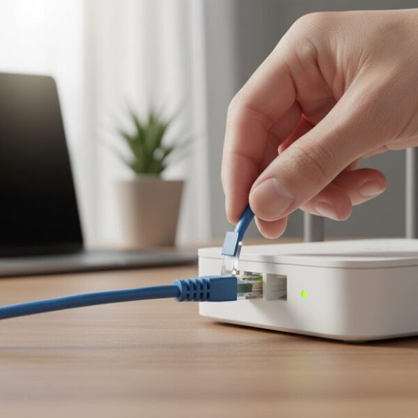 パソコンとルーターを接続する際の適切なLANケーブル。異なる種類の機器であるため、ストレートケーブルを使用するのが基本。Wi-Fiルーターのポートに青いLANケーブルがしっかりと接続されている様子。