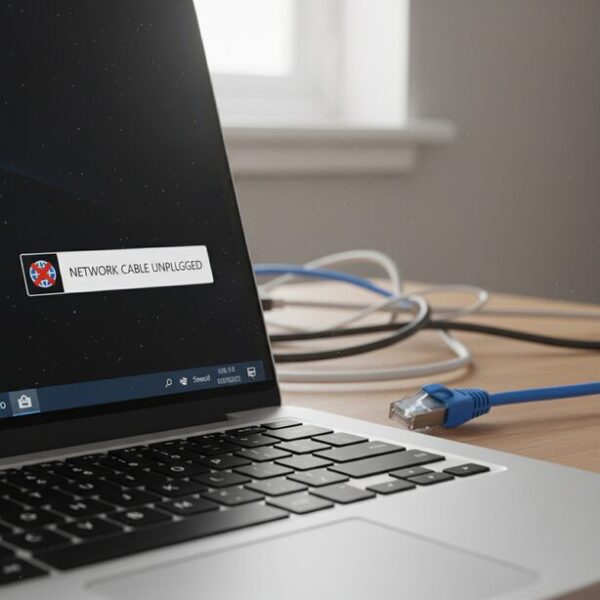 LANケーブルのストレートとクロスを間違えた場合に通信できないケース。Auto MDI/MDI-X非対応の古い機器で接続を誤ると、パソコンの画面にネットワーク未接続を示すエラーが表示されてしまう状況。