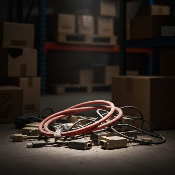 Auto MDI/MDI-X機能の普及によるクロスLANケーブルの現在の必要性。一般家庭やオフィスではほぼ不要となり、使われずに倉庫の隅でほこりをかぶっている赤いクロスケーブルがその現状を物語っている。