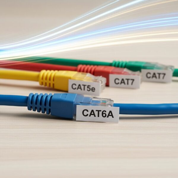 現在のLANケーブル選びで最も重要なカテゴリ規格を比較。CAT5e、CAT6、CAT6Aなど規格ごとの通信速度の違いを示し、契約している光回線の速度に合わせて最適なケーブルを選ぶことの重要性を表現。
