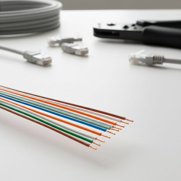 明るい作業台の上でLANケーブルを自作する準備。T568Bの色の順番である橙白から茶まで美しく並べられた8本の芯線と、背景に置かれたかしめ工具やRJ45コネクタ。