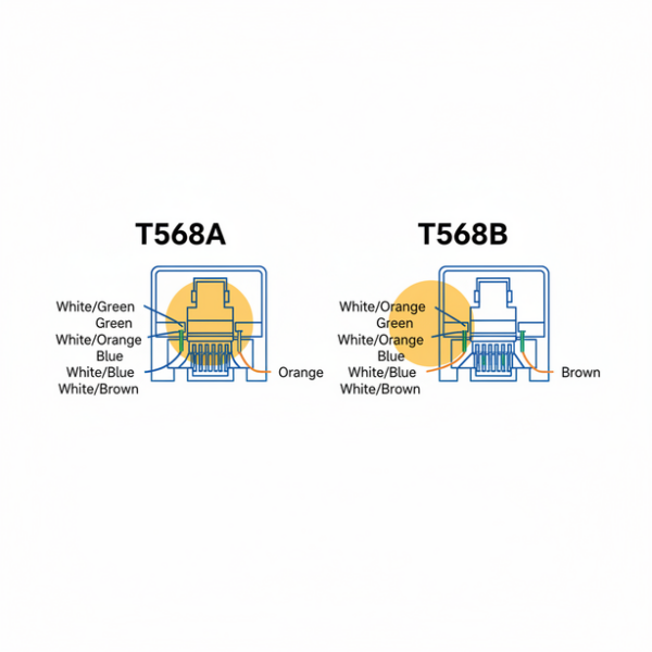 LANケーブルの配線規格T568AとT568Bの根本的な違いを比較する図。橙ペアと緑ペアの芯線の位置が入れ替わっている箇所がハイライトされ、2つの色の順番の違いを解説。