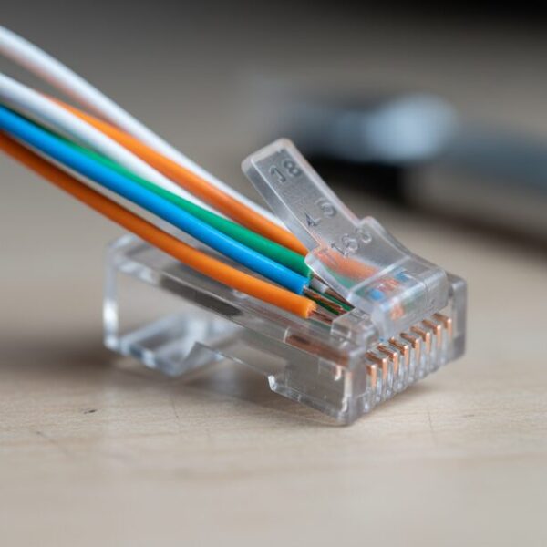 T568B規格のLANケーブル配線図のクローズアップ。透明なRJ45コネクタに橙白から茶までの8本の芯線が正しい色の順番で挿入され、ピン番号との対応が明確にわかる。