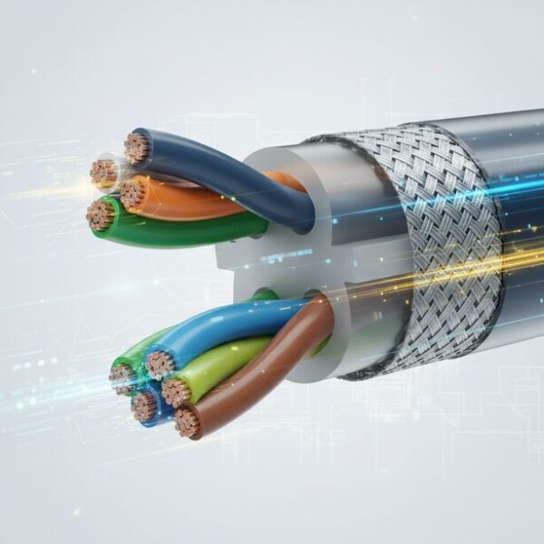 LANケーブル内部の構造を示す8本の芯線の断面図。2本ずつ撚り合わされた4対のツイストペアケーブルになっており、データ通信の安定性を高める仕組みを視覚的に表現。