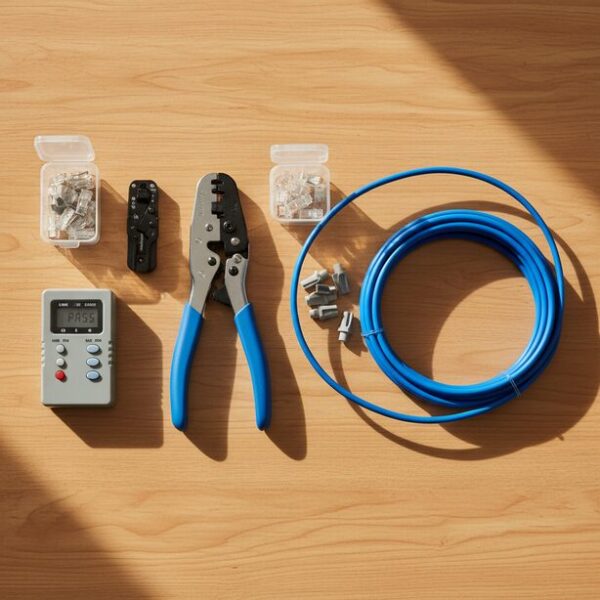 LANケーブル自作に必要なもの一覧を俯瞰で紹介。作業台の上に、かしめ工具、LANテスター、ケーブルストリッパー、青いLANケーブル、RJ45コネクタ、ブーツが綺麗に並ぶ。