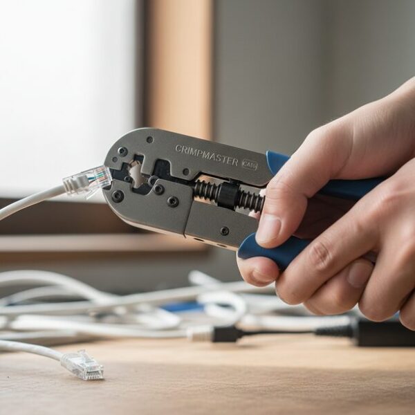 かしめ工具の基本的な使い方を解説する手元のアップ。RJ45コネクタをセットしたLANケーブルを、工具でしっかりと圧着（かしめ）している作業工程の重要な瞬間。