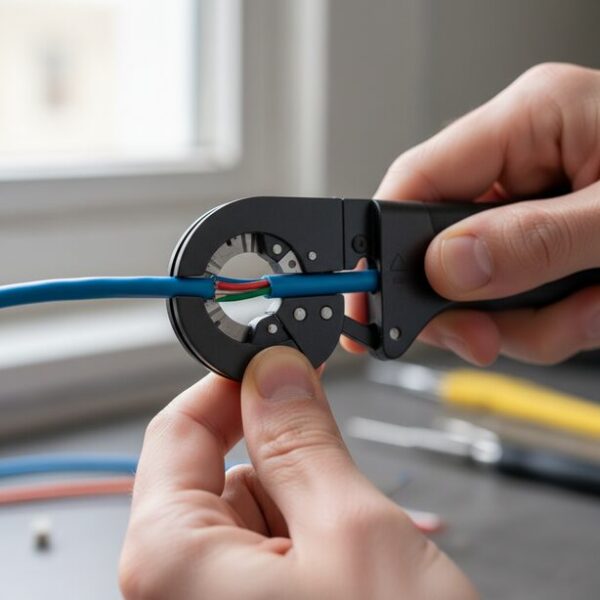 LANケーブルの皮むきで失敗しないコツを解説。ケーブルストリッパーを使い、内部の芯線を傷つけることなく外側の被覆だけを丁寧に取り除いている作業の手元をクローズアップ。