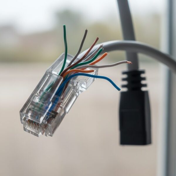 LANケーブル自作でよくある失敗例。色の順番を間違え、かしめに失敗して変形したRJ45コネクタと、入れ忘れたブーツが置かれ、初心者が陥りがちな注意点を示している。