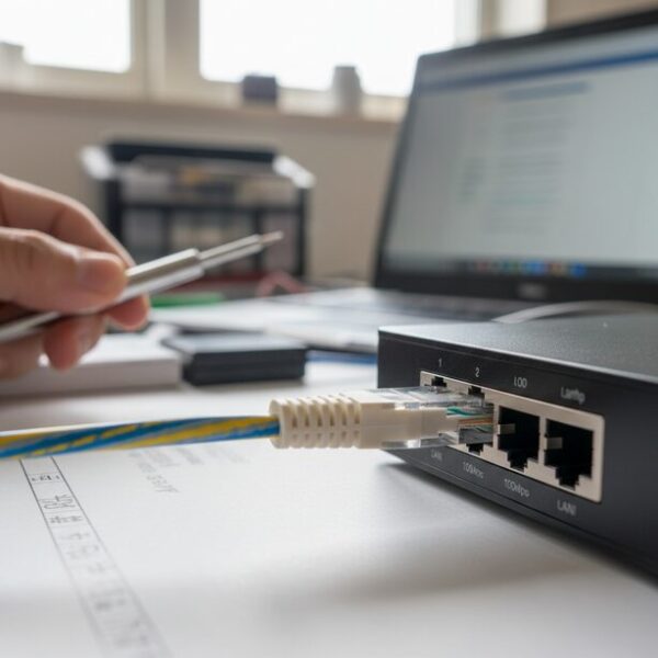 自作LANケーブルで通信できない、または速度が遅い原因の特定。ルーターのLANポートに接続されたケーブルのリンクランプが消灯、または低速を示すオレンジ色で点灯している状態。