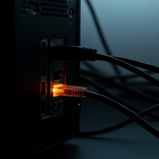 オレンジ色に点滅するパソコンのLANポート。通信速度が100Mbpsに低下している不具合を示唆し、インターネット接続の原因究明と対処法の必要性を感じさせる状況。