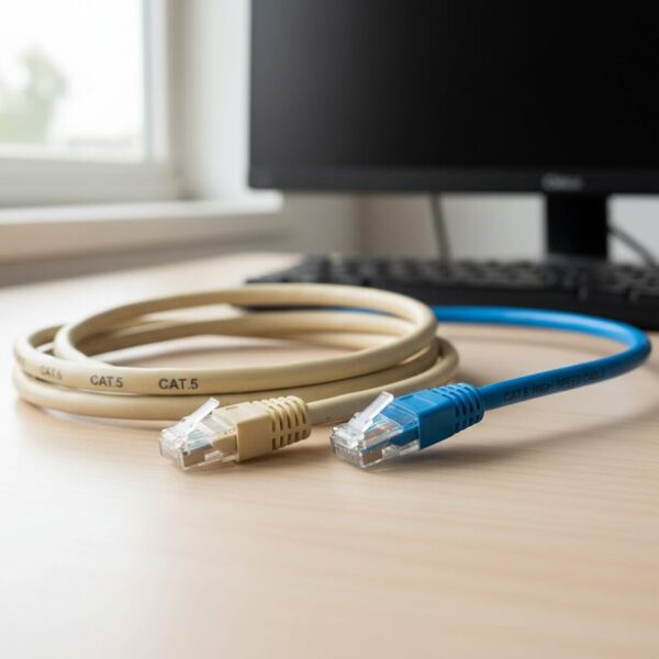 古い規格であるカテゴリ5のLANケーブルと新しいカテゴリ6のケーブルの比較。ケーブルの断線やコネクタの破損と並び、規格の古さがオレンジ点滅を引き起こす原因の一つとなる。