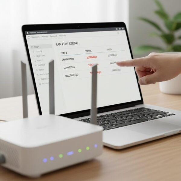 ルーターの管理画面で各LANポートの接続速度を確認し、一つのポートが100Mbpsで低速接続になっている状態。ONUやルーターのランプと合わせてチェックすることで原因を特定する。