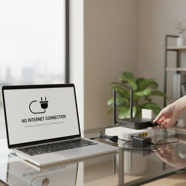 インターネットに繋がらないエラー画面が表示されたパソコンと、電源が抜かれたルーターやONU。オレンジ点滅時に接続できない場合の対処法として、機器の完全な再起動が有効である。