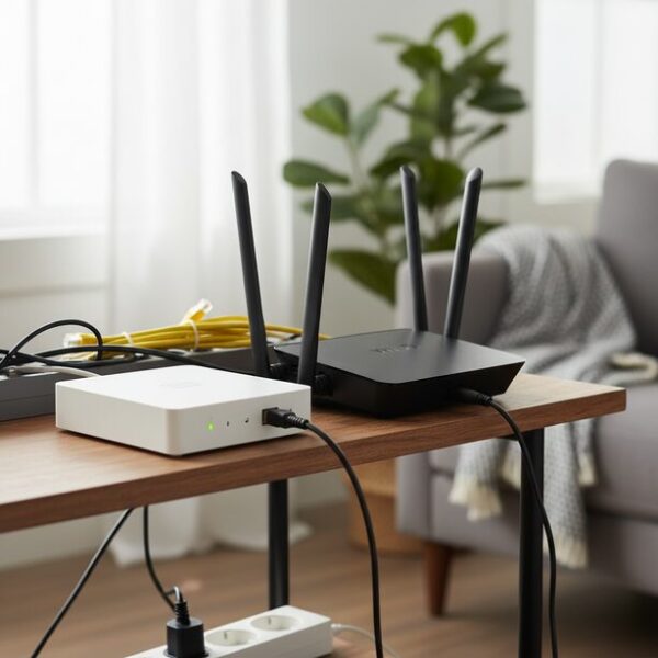 電源が入っているONUの隣に、これから電源を入れるルーターが置かれている。トラブル解決にはONU、ルーター、PCという正しい順番での効果的な再起動が重要になる。