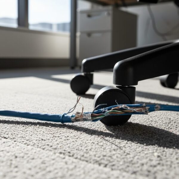 椅子のキャスターに踏まれて損傷し、被膜が破れたLANケーブル。物理的なダメージによる内部断線や接触不良は、オレンジ点滅による通信速度低下の大きな原因となる。