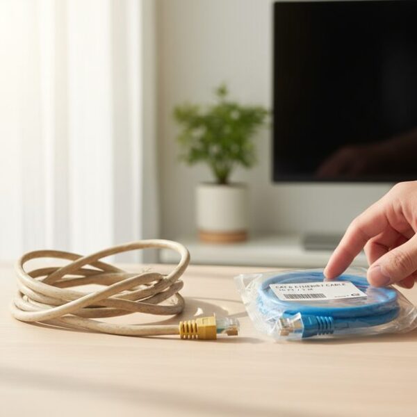 ツメが折れた古いLANケーブルとパッケージに入った新品のケーブルの対比。通信速度が改善しない原因がケーブルにある場合、新しい製品への交換や買い替えが最適な判断となる。