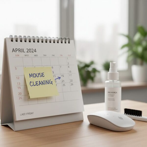 卓上カレンダーの特定の日付に「マウス掃除」と書かれた付箋が貼られ、定期メンテナンスの頻度を示している。ゲーマーなどはよりこまめな清掃で快適な動作を維持することが推奨される。