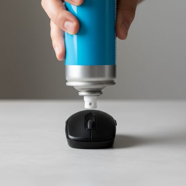 マウスセンサーのホコリを飛ばすため、エアダスターを垂直に立てて正しく使用している手元。冷却液の噴射による故障を防ぎ、安全に掃除を行うための重要なポイント。