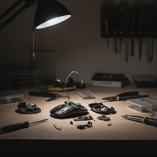 安易に分解され、内部の電子基板やケーブルが破損しかけているマウス。保証が失効するだけでなく、元に戻せなくなるリスクがあるため、自己流の分解は非推奨であることを示唆。