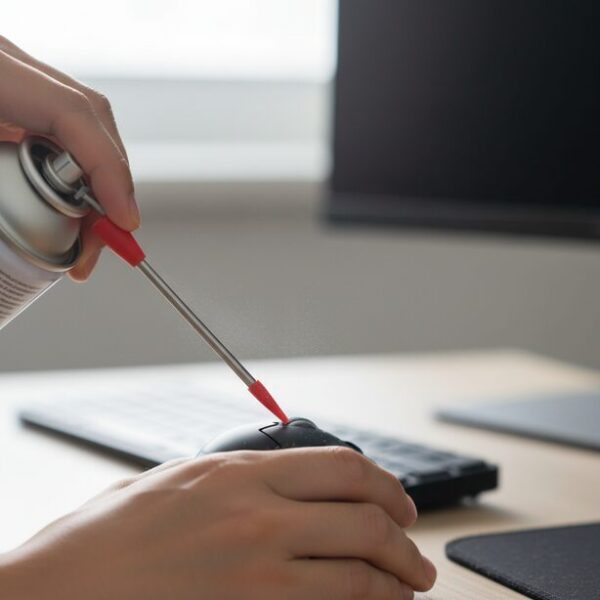 スクロール不良の原因となる、マウスホイールの隙間に溜まったホコリをエアダスターで掃除している様子。見落としがちな部分のメンテナンスで快適な操作性を取り戻す。