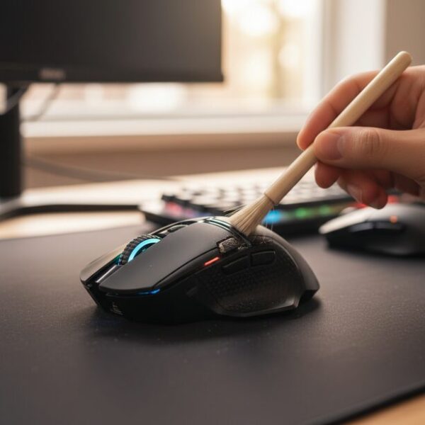 RGBライトが光るLogicool製ゲーミングマウスのボタンの隙間を、専用ブラシで丁寧に掃除する様子。高性能センサーの精度と快適な操作性を維持するための重要なメンテナンス。