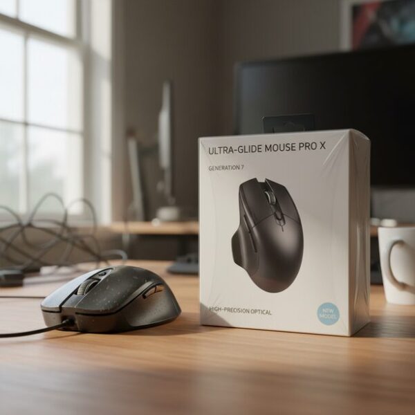 長年使用して故障した古いマウスの隣に、箱に入った最新モデルのマウスが置かれている。クリックのチャタリングなどが発生した場合の、買い替えを判断するタイミングを表現。