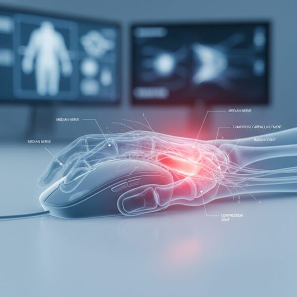 マウス操作による手首の痛みの原因を示す解剖学的なイラスト。不自然な角度で手根管が圧迫され、腱鞘炎や手根管症候群が引き起こされるメカニズムを分かりやすく図解。