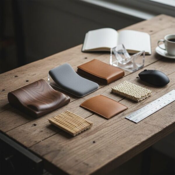 自分に合うリストレストの選び方を示すイメージ。様々な高さや形状のリストレストが並べられ、横に置かれたマウスと定規が、正しい高さを選ぶ重要性を物語っている。