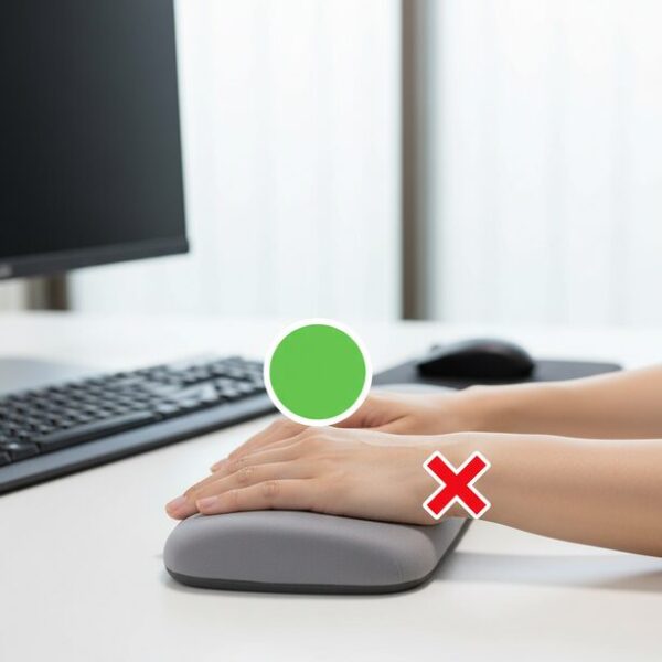 リストレストの正しい使い方を解説する図。マウスを握る手に対し、正しい位置である手のひらの付け根に緑のチェック、間違いである手首の関節部分に赤のバツ印が示されている。