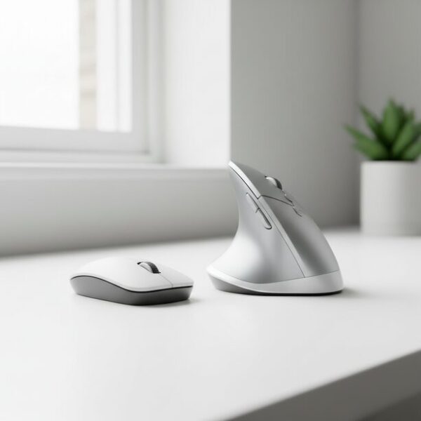 手首の負担を軽減するエルゴノミクスマウス。従来のマウスと並べて置かれた縦型マウスの独特な形状が、握手のような自然な角度での操作を可能にし、腱鞘炎予防に繋がる。