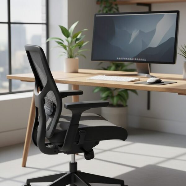 手首の痛み予防のための理想的な作業環境。高さが調整されたデスクと人間工学に基づいたオフィスチェア、アームレストが完璧にセッティングされ、正しい姿勢を保つ重要性を示す。