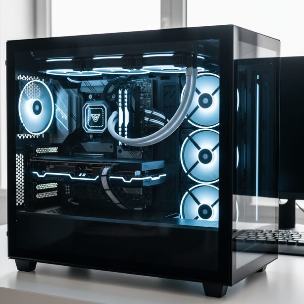 美しく裏配線された自作PC内部。複数のPCケースファンが静かに青く光り、理想的なエアフローを構築。この記事で目指す、ファン増設後の完璧なケーブルマネジメントと冷却性能を象徴する。