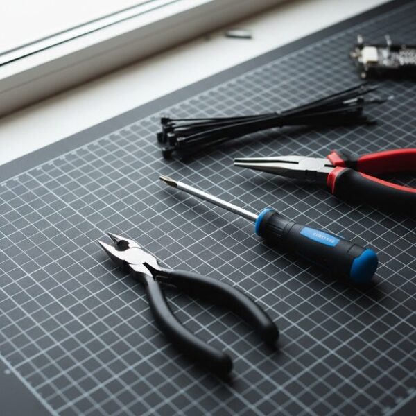 黒い作業マットの上に整然と並べられたPCケースファン配線用の工具。プラスドライバー、ニッパー、ケーブルタイなど、自作PCのファン増設を始める前の準備段階の様子。