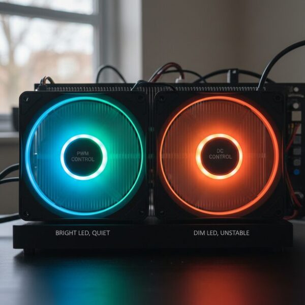 PWM制御とDC制御の違いを視覚的に表現。PWM制御のファンはLEDの明るさを保ったまま回転数が変わり、電圧で制御されるDC制御のファンはLEDが暗くなる様子を比較。