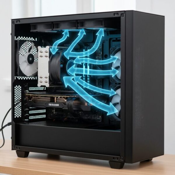 ガラスパネルのPCケース内で、青い矢印が前から後ろへ流れる様子。ファンの向きを正しく設置することで生まれる、理想的なエアフローと冷却性能の向上を視覚的に表現。