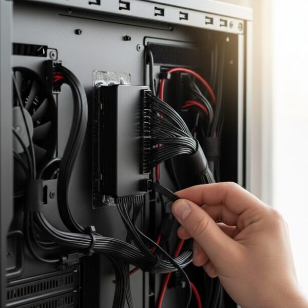 PCケースの裏配線スペースに設置されたファンハブ。多数のファンケーブルが集約され、SATA電源ケーブルが接続されている。スマートなファン増設とケーブルマネジメントを実現。