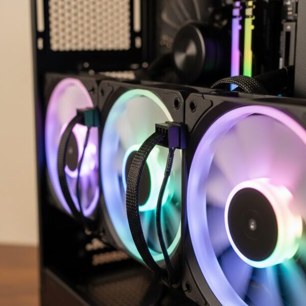 虹色に光る3つのARGBファンがデイジーチェーン接続されている様子。1つ目のファンの出力コネクタと2つ目の入力コネクタが繋がれ、ライティングが同期する配線の仕組み。