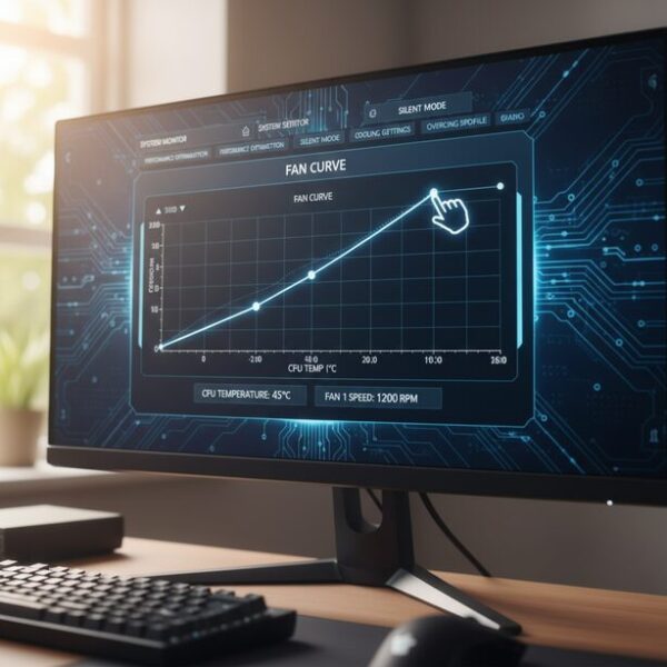 PCモニターに表示されたUEFIのファン設定画面。CPU温度に応じて回転数を調整するファンカーブのグラフをマウスで操作し、静音性と冷却性能のバランスを最適化している。