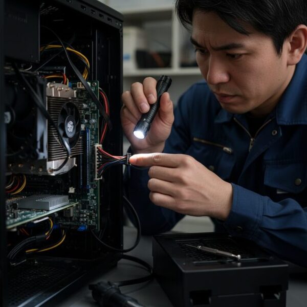 暗いPCケース内部をペンライトで照らし、ファンコネクタの接続を確認している手元。ファンが回らない、光らないといったトラブルシューティングで、基本的な配線ミスをチェックする場面。