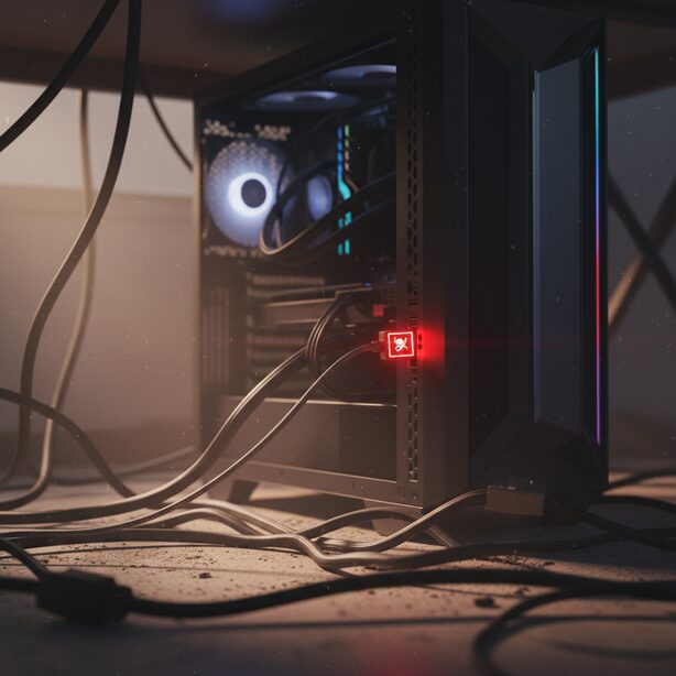 絡み合ったPC電源ケーブルの中から細いモニター用のケーブルをゲーミングPCに接続しようとしている危険な状況。互換性のないケーブルの使い回しによる火災や故障のリスクを暗示し、PSEマークやアンペアの確認の重要性を示す。