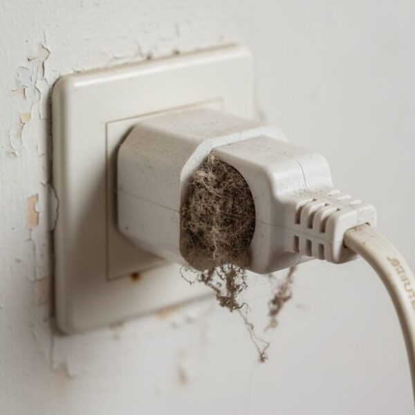 コンセントと電源プラグの間にホコリが溜まり、トラッキング現象による火災リスクが高まっている状態。PC電源ケーブルの安易な使い回しや古いケーブルの使用は、ショートや故障の原因となるため定期的な確認が必要。