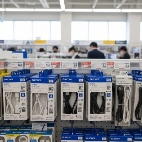 家電量販店の棚に並ぶ、エレコムやサンワサプライなど信頼できるメーカーのPC電源ケーブル製品。PSEマークや定格が明記された製品を選ぶことで、メーカーが違っても安全に使用でき、PCの故障リスクを低減できる。