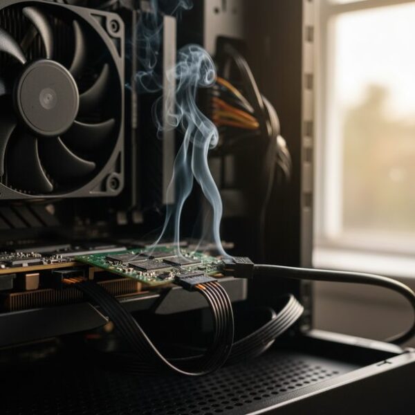 間違ったモジュラーケーブルを接続したことでショートし、煙を上げて故障したSATA接続のSSD。電源ユニットに付属していないSATA電源ケーブルの使い回しは、ストレージの破損やデータ消失に繋がるため絶対に行ってはならない。