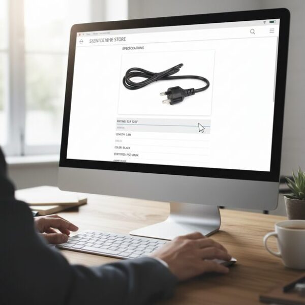 オンラインストアでPC電源ケーブルの仕様を確認しているパソコン画面。紛失時には純正品か、PCの要求アンペアを満たし、コネクタ形状が合い、PSEマークが付いた信頼できるメーカーの製品を選ぶことが、安全な代替品選びのポイント。