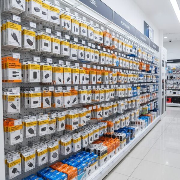 家電量販店のPCパーツ売り場に整然と陳列された多種多様な電源ケーブル。デスクトップPCやノートPC用の3ピンやメガネ型ケーブルを、専門の店員に相談しながら即日購入できるメリットを表現。