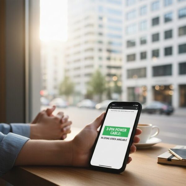 スマートフォンで家電量販店の在庫を調べ「在庫あり」の表示を見つけた場面。PC電源ケーブルを紛失し、急ぎで即日手に入れるため、実店舗へ向かう前の確実な確認方法を示している。