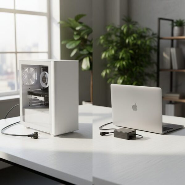 デスクトップPCとノートパソコンの電源ケーブル構成の違いを比較。デスクトップは本体へ直接3ピンケーブル、ノートPCはACアダプターを介してメガネ型かミッキー型ケーブルを接続する仕組み。