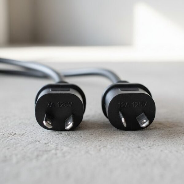 2本のPC電源ケーブルのプラグ部分に刻印された「7A 125V」と「12A 125V」の定格容量表示を比較。代用品や互換品を選ぶ際は、アンペア数が元のケーブルと同等以上である必要がある。