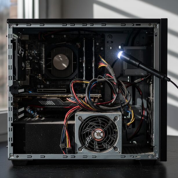 PCの電源ユニット故障を特定するため、サイドパネルが開けられたデスクトップパソコン内部。ホコリをかぶった電源装置と複雑に配線されたケーブルが、動作不安定や突然落ちる原因の調査を示唆している。