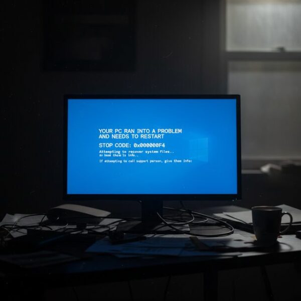 電源ユニット故障の前兆であるブルースクリーンが表示されたパソコンモニター。突然フリーズしエラーコードを示す画面は、PCの動作が不安定になる症状や、電力供給の問題が原因であることを暗示している。